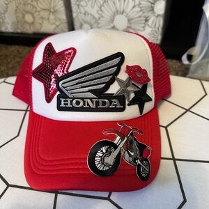 Red & White Truckers Cap with Motorcycle Patch